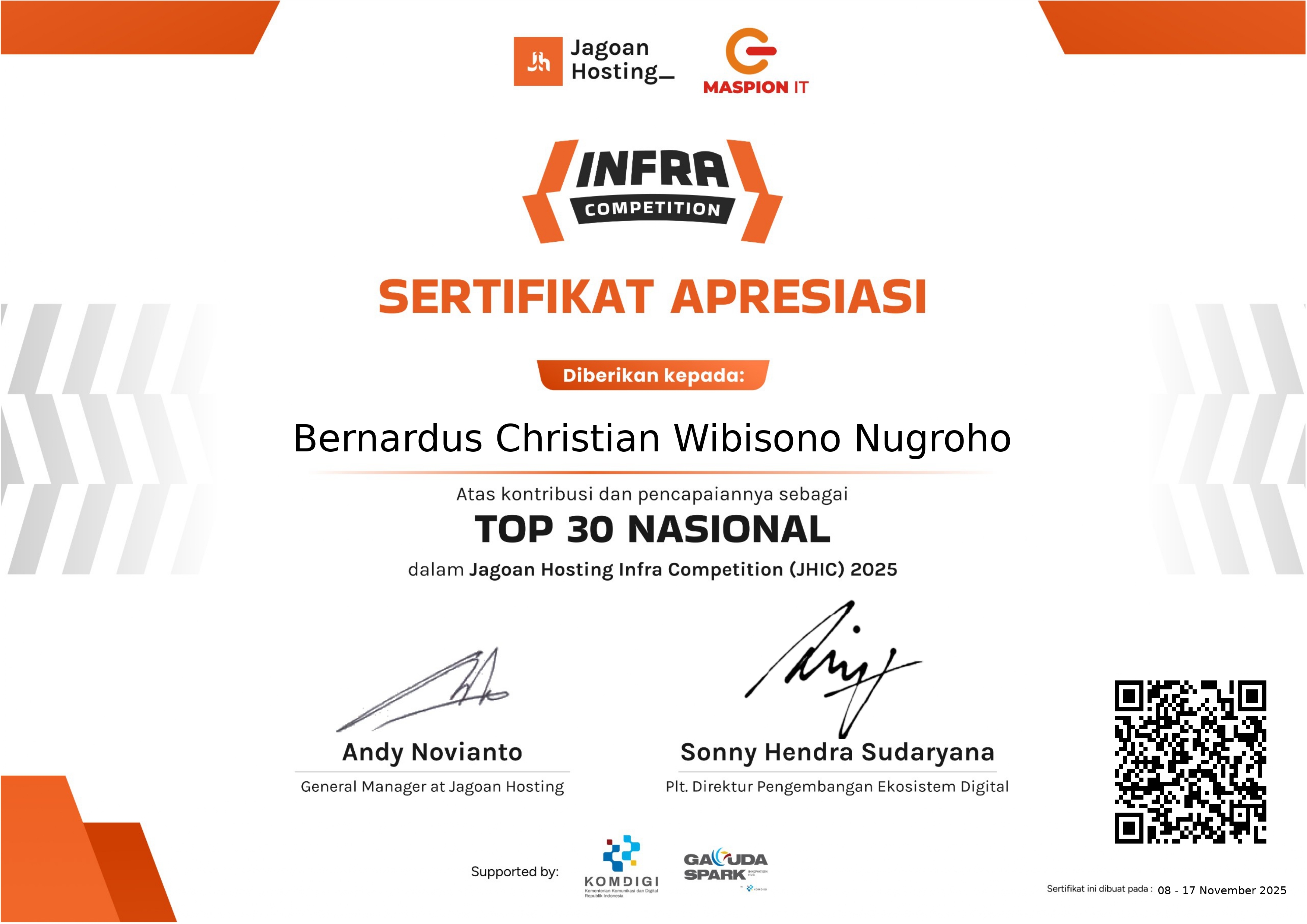 A National competition hosted by Jagoan Hosting for all highschool students in Indonesia, selected among the top 30 teams, representing my school.